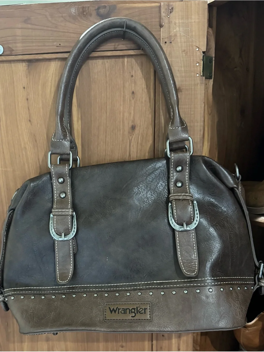 Wrangler Dark Brown Leather Tote with Buckle Straps